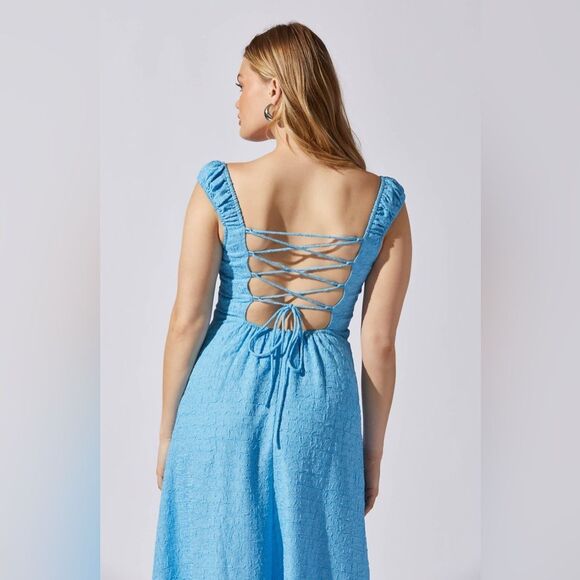 NEW ASTR The Label Crinkle Shoulder Midi Dress Blue Size XL - Picture 3 of 12